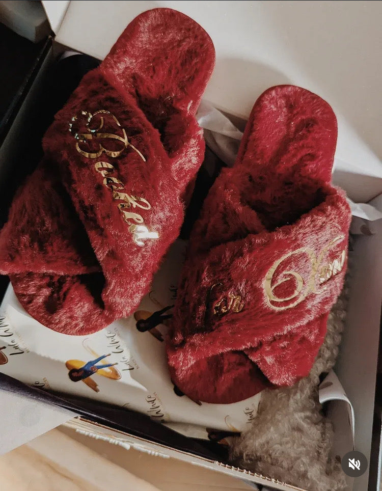 Burgundy Luxe and Lit furry house slippers