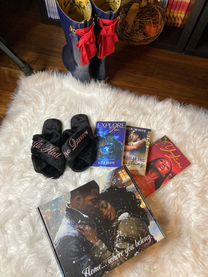 three romance novels, one pair of furry house slippers, and a decorative shipping box