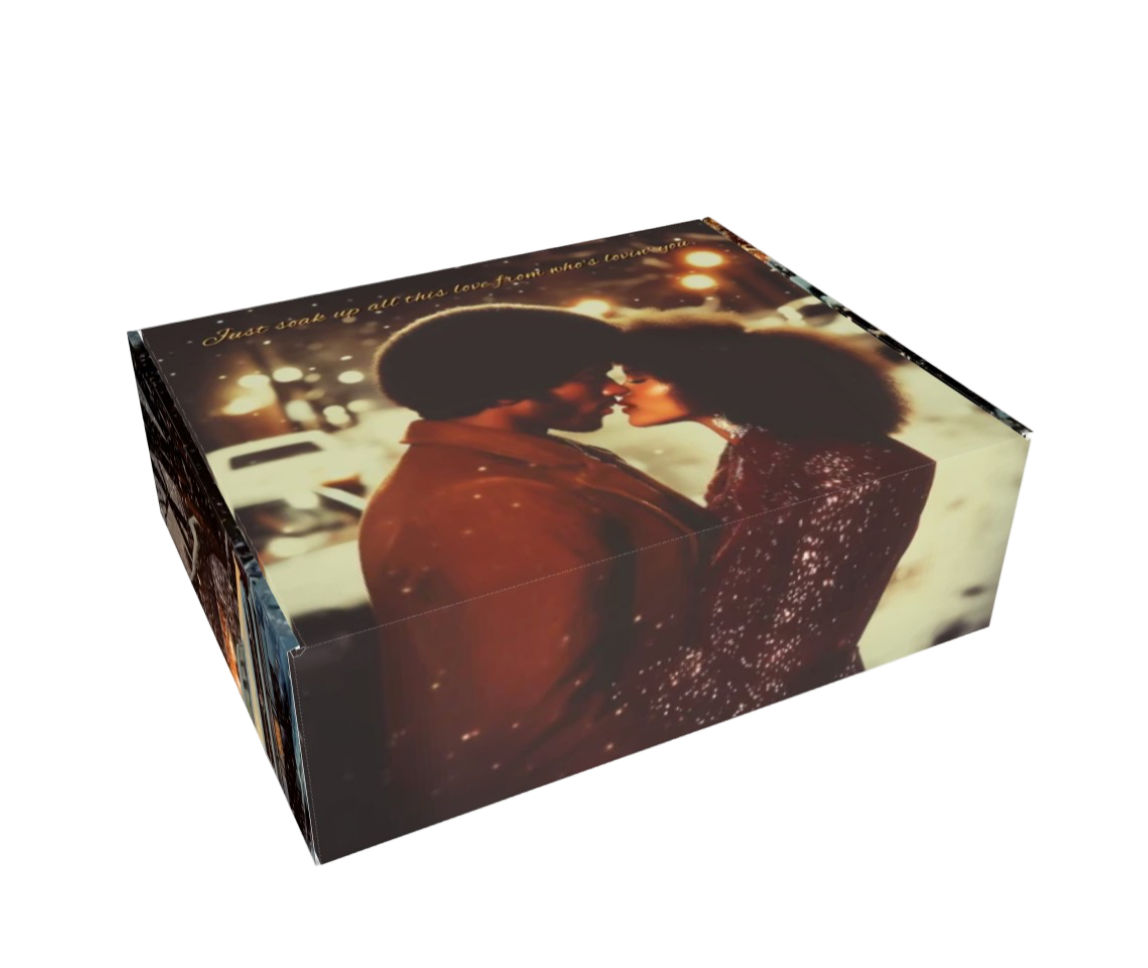 Product packaging with a couple embracing on a street at night.